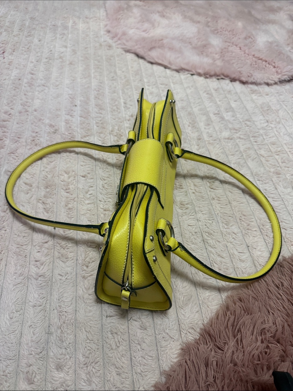 Bright Yellow Structured Shoulder Bag with Silver Accent - Picture 2 of 11